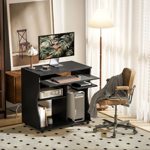 Computer Desk with Casters, Desk with Storage, 80 x 48 x 75 cm, Black