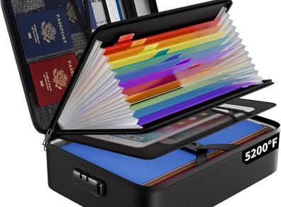 Fireproof Document Box with 5200F Heat Insulated,Multi-Layer Waterproof & Fireproof 13 Pockets File Organiser,A4 Document Storage Box with Lock