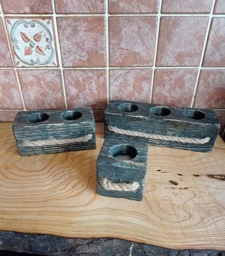 Handmade Reclaimed Wood Tealight Holders, Hard Wax Oil Set (+ 6 LED Lights)
