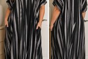 Emery Rose 3XL Black &amp; Grey Abstract Stripe Maxi Kaftan Dress New With Tags