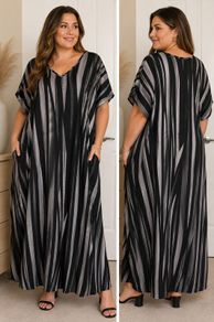 Emery Rose 3XL Black & Grey Abstract Stripe Maxi Kaftan Dress New With Tags