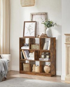 Bookcase 8 compartments whiteE bookshelf, room divider shelf, wooden stand shelf with open compartments, display case for living room, bedroom, children's room and office, 97.5 x 100 x 30 cm (W x H x D), White