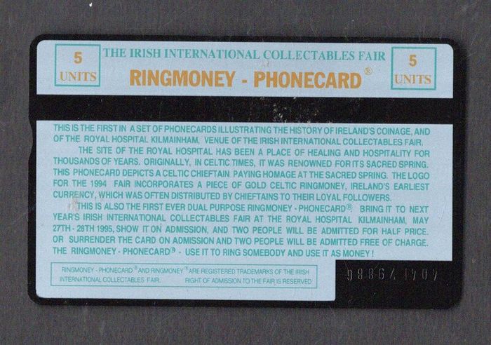 1994 5unit Ireland Irish International Collectors Fair Souvenir Phonecard showing Ringmoney (Landis & Gyr) BT Phone Card