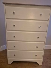 Newly Refurbished 5-Drawer Chest of Drawers - Linen White with Waxed Wood Top
