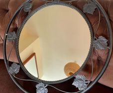 Large Vintage Style Circular Wall Mirror Black Wrought Iron Scroll Edge Metal Frame Vine Leaf Leaf Motifs