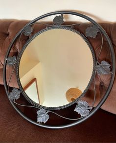 Large Vintage Style Circular Wall Mirror Black Wrought Iron Scroll Edge Metal Frame Vine Leaf Leaf Motifs