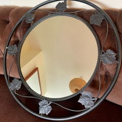 Large Vintage Style Circular Wall Mirror Black Wrought Iron Scroll Edge Metal Frame Vine Leaf Leaf Motifs