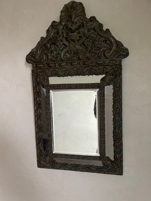Antique Ornate Dutch Brass Repousse Cushion Wall Mirror Bevelled Glass