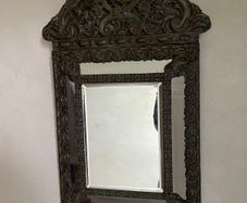 Antique Ornate Dutch Brass Repousse Cushion Wall Mirror Bevelled Glass