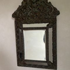 Antique Ornate Dutch Brass Repousse Cushion Wall Mirror Bevelled Glass