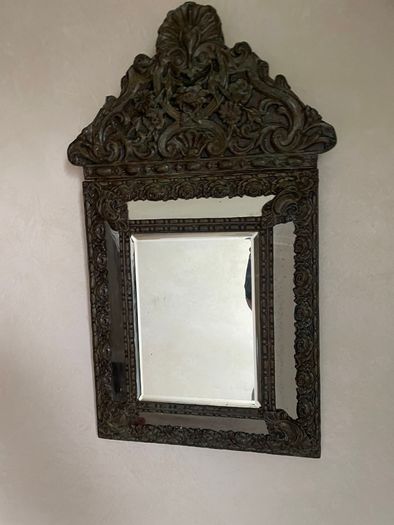 Antique Ornate Dutch Brass Repousse Cushion Wall Mirror Bevelled Glass