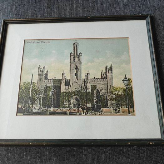 Framed hand-tinted historical print of Monkstown Parish Church, a 19th-century church located in Monkstown, County Dublin