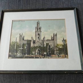 Framed hand-tinted historical print of Monkstown Parish Church, a 19th-century church located in Monkstown, County Dublin