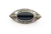 925 Vintage Sterling Silver Black Onyx &amp; Marcasite Accents Brooch