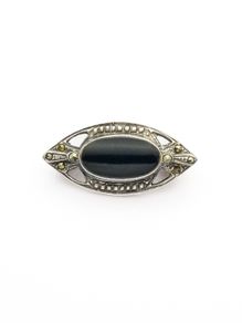 925 Vintage Sterling Silver Black Onyx & Marcasite Accents Brooch