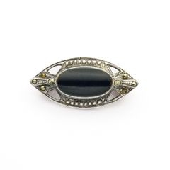 925 Vintage Sterling Silver Black Onyx & Marcasite Accents Brooch
