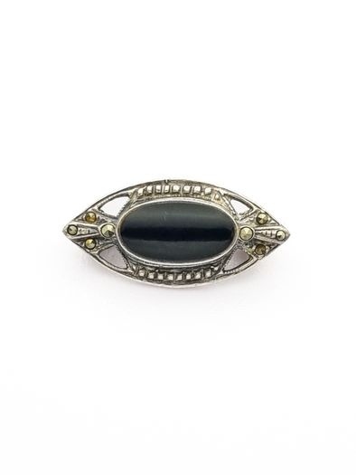 925 Vintage Sterling Silver Black Onyx & Marcasite Accents Brooch