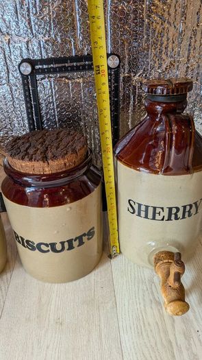 Vintage Pearsons of Chesterfield Stoneware Kitchen Set, Biscuits Jar, Sherry Dispenser and jar