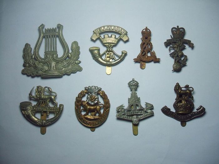 REGIMENTAL CAP BADGES (brass & bi-metal) - 8 different types (see below), militaria lot B.
