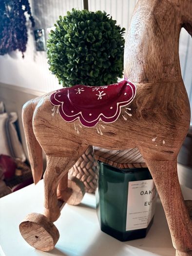 New vintage inspired 45cm high hand carved horse on wheels with washed wood finish
