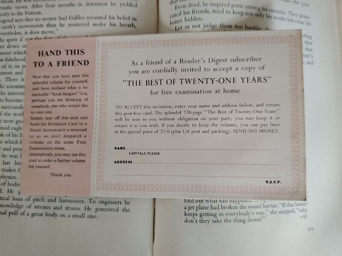 Vintage 1960 Reader's Digest Book with Rare Pink Reply Card (Ephemera)