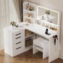 Dressing Table with Mirror, Corner Dressing Table with LED Lighting, Adjustable Brightness and Stool, Cosmetic Table with 5 Drawers, Socket, Hair Dryer Holder White Image 2