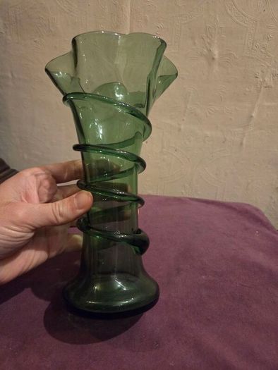 1970's Hand Blown Green Glass Vase