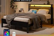 5FT King Size Bed Frame with LED Lights and Charging Station, Heavy Duty Metal Platform Upholstered King Bed frame with Storage Fabric Headboard,Metal Slats Support,Mattress Foundation (Black)