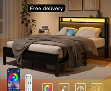 5FT King Size Bed Frame with LED Lights and Charging Station, Heavy Duty Metal Platform Upholstered King Bed frame with Storage Fabric Headboard,Metal Slats Support,Mattress Foundation (Black)