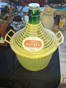 Very Large Old Italian 5Lt Wine Demijohn Green Glass Bottle in Basket, Postage Available,