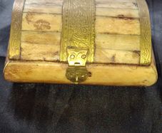 A Beautiful Old Hand Carved Bone Trinket Box, Brass Inlay Jewelry Keepsake Storage, postage available or collection