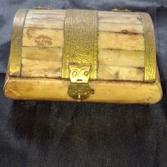 A Beautiful Old Hand Carved Bone Trinket Box, Brass Inlay Jewelry Keepsake Storage, postage available or collection