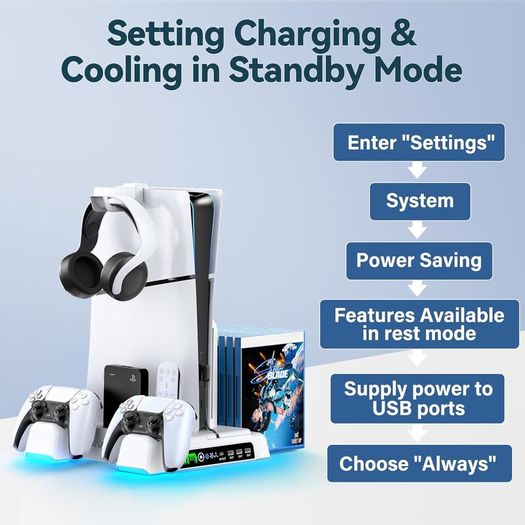 PS5/Slim/Pro Stand and Cooling Station with LED Controller Charging Station for PlayStation 5 Console, Controller Charger, Cooling Stand, PS5/Slim/Pro Accessories Kit with 3 Level Cooler Fan