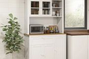 Country-style kitchen cabinet, 1 display cabinet, 1 open shelf, 1 drawer, 2 cupboards, Natural + White