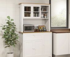 Country-style kitchen cabinet, 1 display cabinet, 1 open shelf, 1 drawer, 2 cupboards, Natural + White