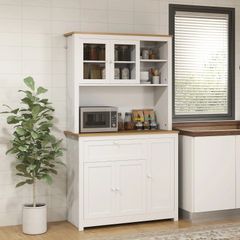 Country-style kitchen cabinet, 1 display cabinet, 1 open shelf, 1 drawer, 2 cupboards, Natural + White