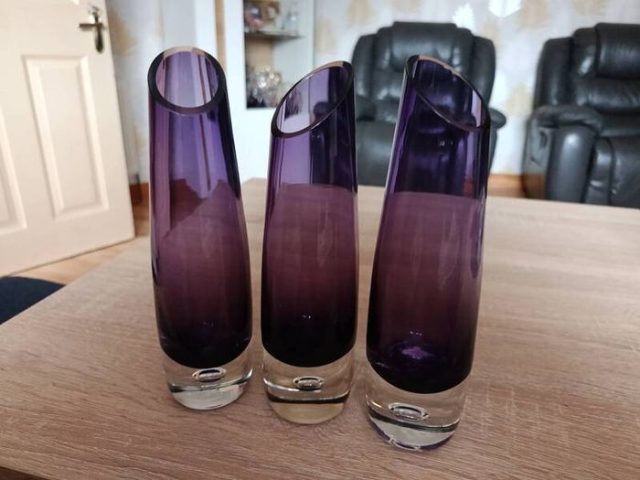 Set of 3 vintage Swedish style purple glass vases in the manner of Aseda Glassbruk designed by Bo Borgstrom.
