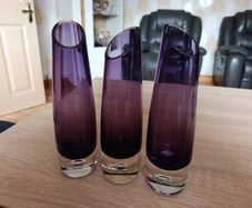 Set of 3 vintage Swedish style purple glass vases in the manner of Aseda Glassbruk designed by Bo Borgstrom.