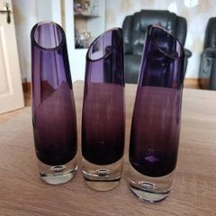 Set of 3 vintage Swedish style purple glass vases in the manner of Aseda Glassbruk designed by Bo Borgstrom.