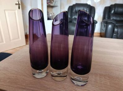 Set of 3 vintage Swedish style purple glass vases in the manner of Aseda Glassbruk designed by Bo Borgstrom.