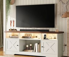 TV Unit, TV Stand Cabinet with Sockets, USB and LED, TV Cabinet Suitable for up to 65'' TV, with 4 Open Compartments and 2 Cabinets, Suitable for Living Room, 150 x 35 x 65cm, White
