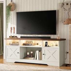 TV Unit, TV Stand Cabinet with Sockets, USB and LED, TV Cabinet Suitable for up to 65'' TV, with 4 Open Compartments and 2 Cabinets, Suitable for Living Room, 150 x 35 x 65cm, White