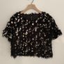 top Bnwot black fluffy embelished top short sleeve size large elli white brand Image 3