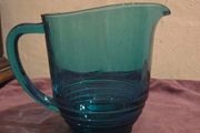 1950's Stepped Ring Base Teal Blue Glass Jug - Made in England