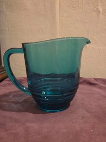 1950's Stepped Ring Base Teal Blue Glass Jug - Made in England