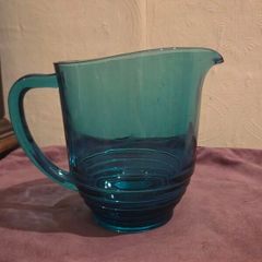 1950's Stepped Ring Base Teal Blue Glass Jug - Made in England