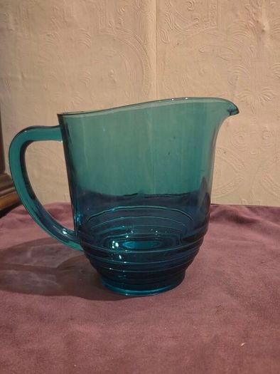 1950's Stepped Ring Base Teal Blue Glass Jug - Made in England