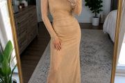Zara Gold Glitter Mesh Ruched Midi Dress Nude Sparkle Party Dress Size S Brand New With Tags