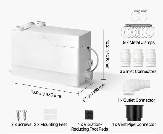 Utility Sink Pump 800W 12000L/h Flow 32.8 ft/10 m Head Macerator Pump, Waste Water Disposal Macerating Machine with 3 Inlets, for Basement, Kitchen, Sink, Shower, Bathtub, Laundry Gray Water