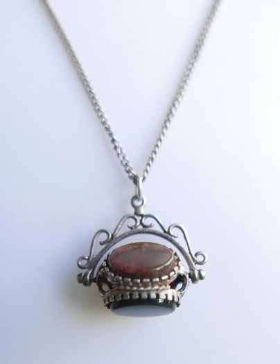 Victorian Sterling Silver 925 Triple Spinning Fob Pendant with  Chain (Onyx Agate Carnelian Spinning Fob) length 19" - 5g